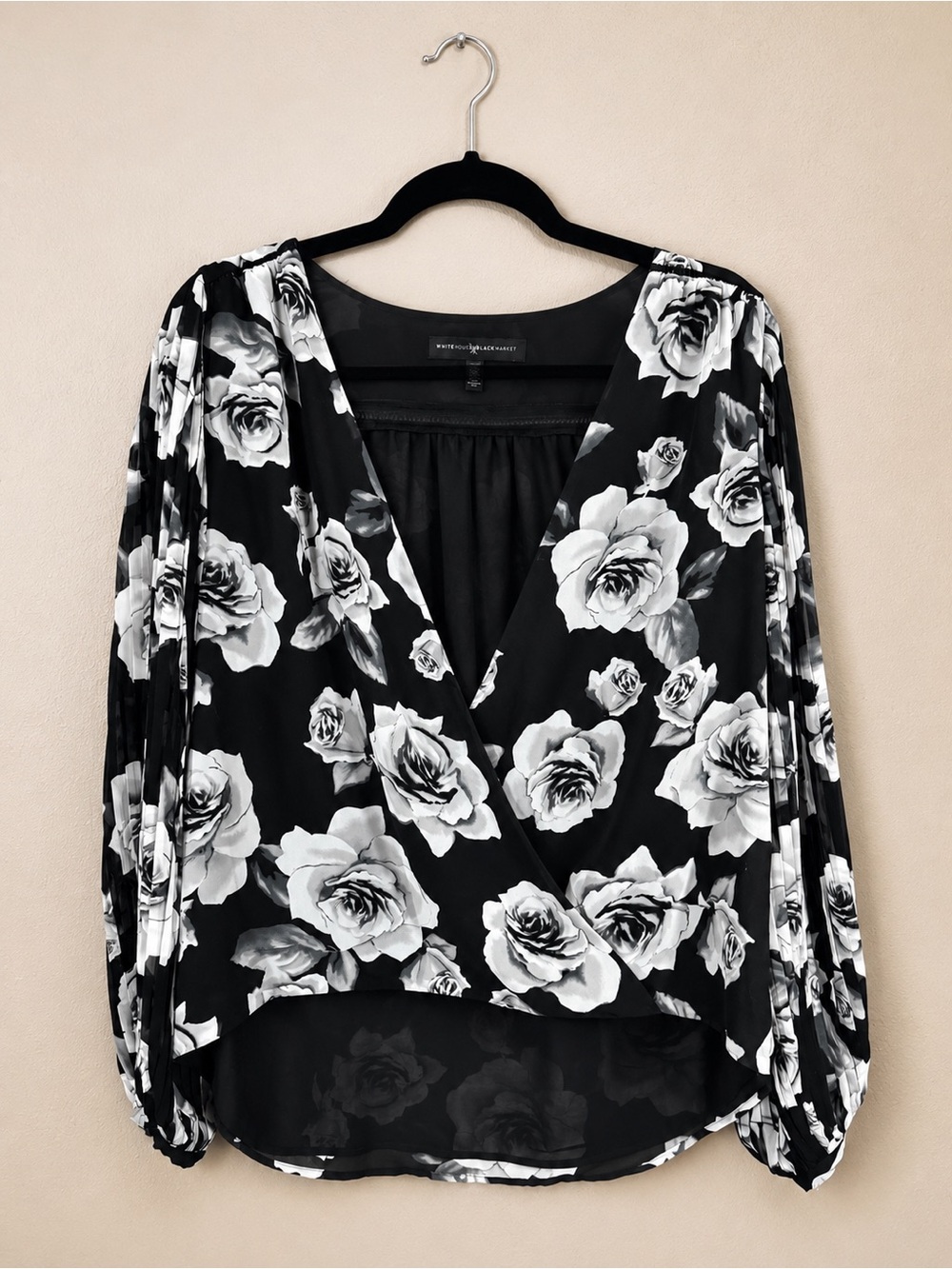 White House Black Market Black and White Floral Surplice Blouse